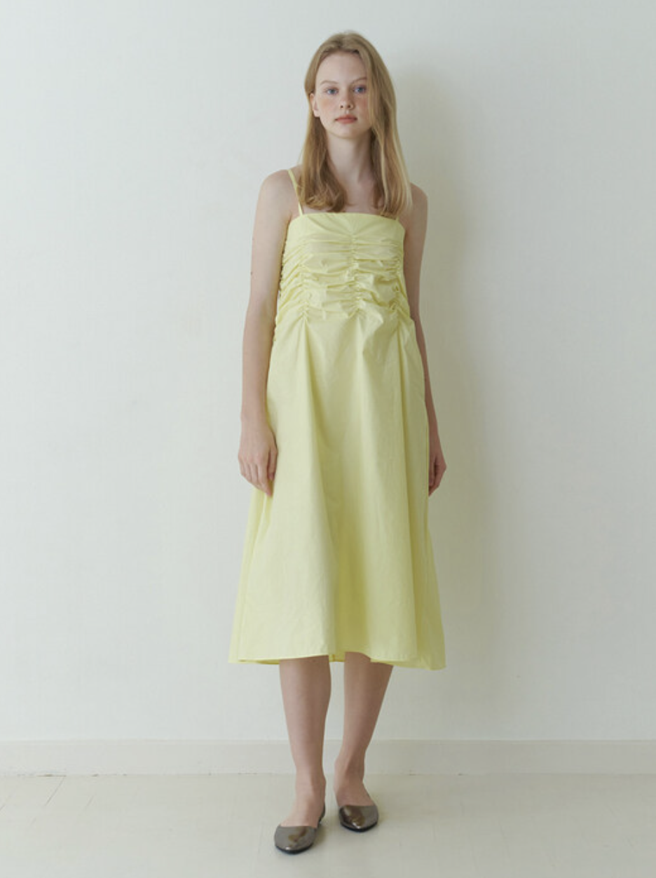 romantic shirring sleeveless dress - lemon yellow