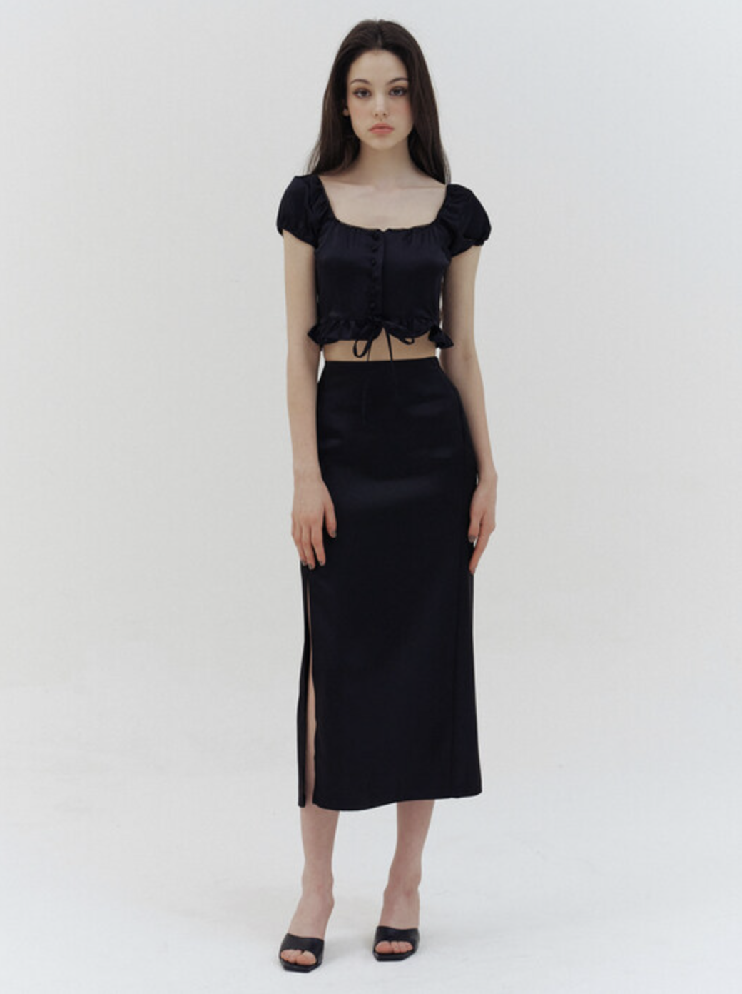 Black Satin Slit Long Skirt